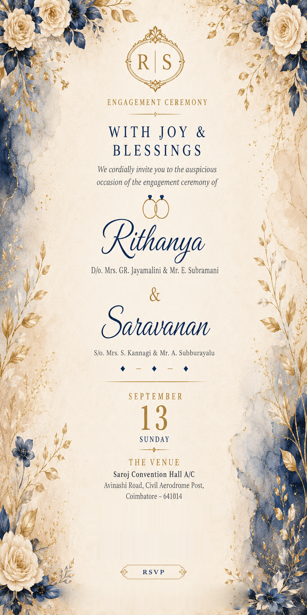 Rithanya and Saravanan engagement invitation